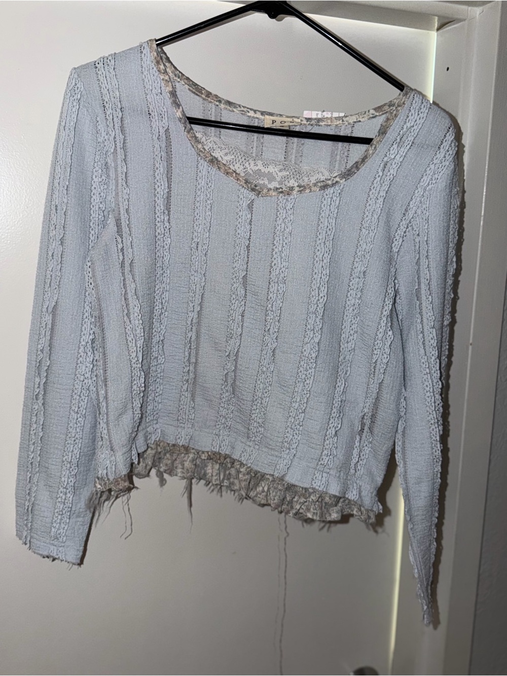 POL Light Blue Textured Long Sleeve Scoop Neck Top